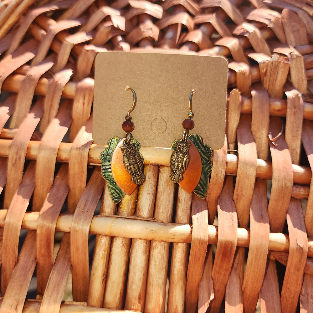 Gold and Green Owl Leaf Earrings